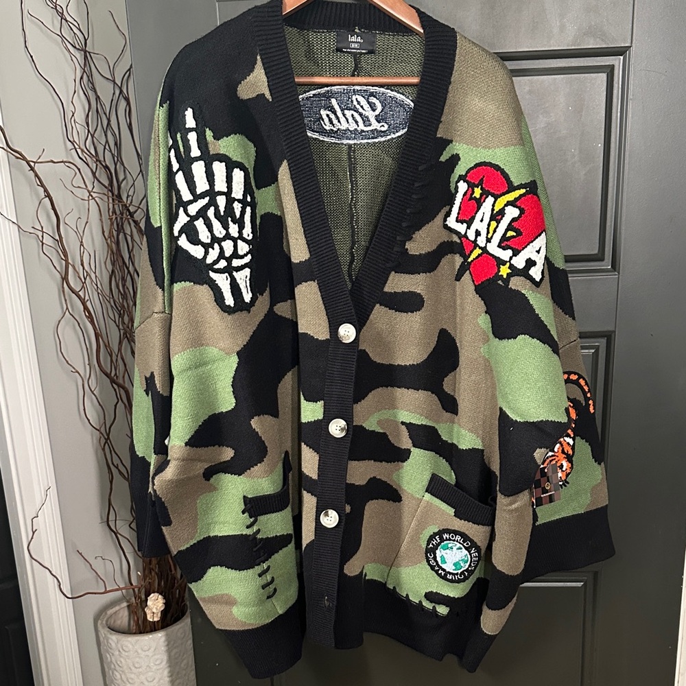 Dressed in LALA Camouflage Cardigan with Patches
